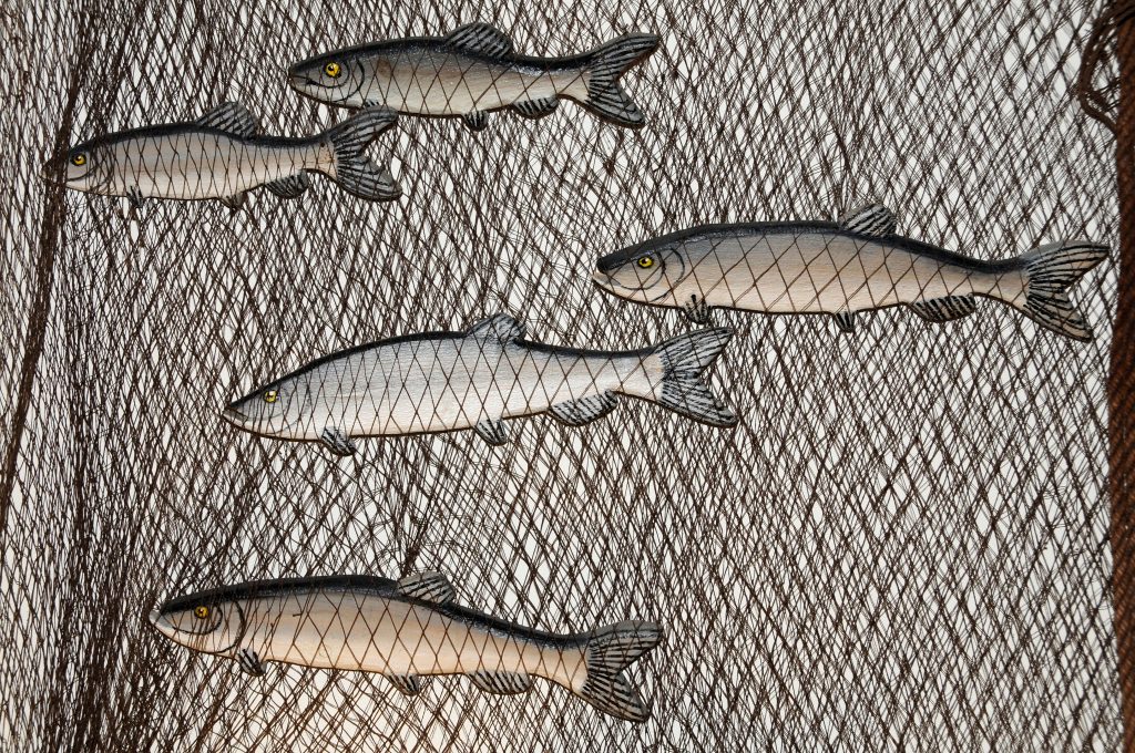 Fotokunst med figurer af fisk i net.